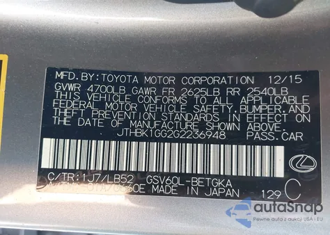 2016 Lexus Es 350 z USA, uszkodzony, nr VIN JTHBK1GG2G2236948